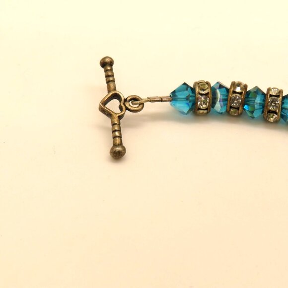 Blue Crystal Bead Bracelet Rhinestone Spacers Silver Tone Heart Toggle Clasp - Picture 12 of 12